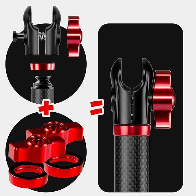 Tackform 5 Long 20mm Ball and Socket Arm DuraLock 20 Series Carbon Fiber Arm | Dual 20mm Sockets with Optional Anti-Theft Knobs | Black with Red Billet Accent Kit