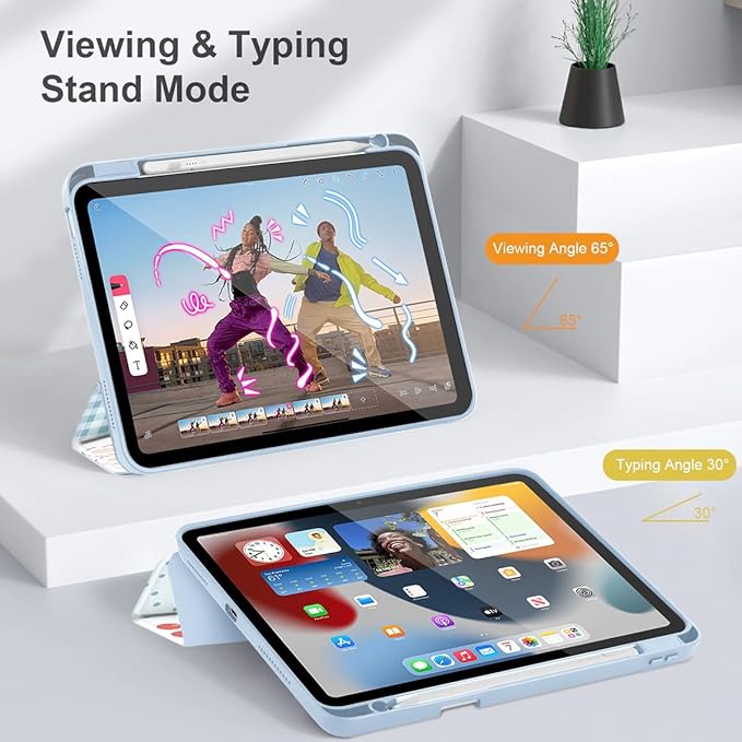 Tuiklol for 2025 iPad (A16 Chip) 11th Generation 11 inch/iPad 10th Gen 10.9 inch 2022 Case Buit in Pencil Holder with Clear Back Shell Cover Trifold Stand Auto Wake/SleepGrid-Rabbit