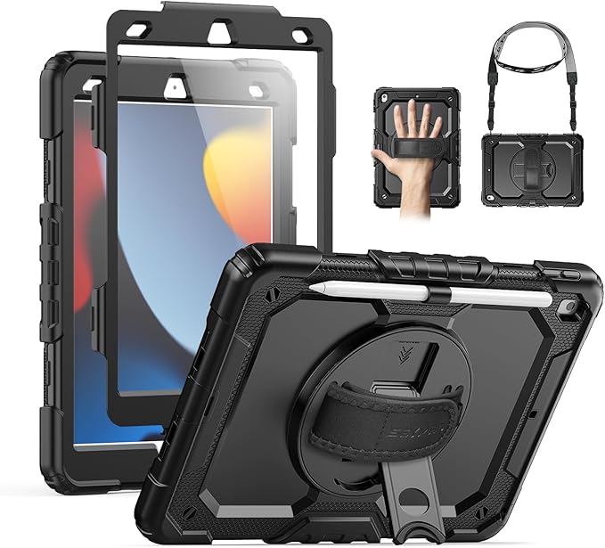 SEYMAC for iPad 9th/8th/7th Generation Case 10.2 2021-2019 Full-Body Shockproof Heavy Duty Protective Case with Screen Protector 360° Rotating Stand/Handle/Shoulder Strap for iPad 10.2 Black