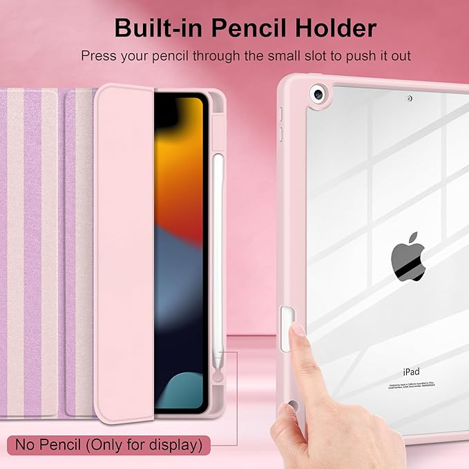 DONGKE for iPad 9th/8th/7th Generation Case 10.2 Inch (2021/2020/2019) [Auto Sleep/Wake &amp Pencil Holder] Clear Acrylic Back Trifold Stand Cover Pink Stripes