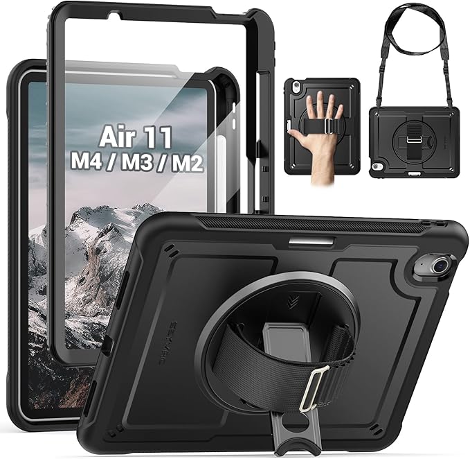 SEYMAC for iPad Air 11 Inch Case M4 / M3 / M2 (2026/2025 / 2024) Full-Body Shockproof Protective Case with Screen Protector Rotating Stand Hand/Shoulder Strap Black
