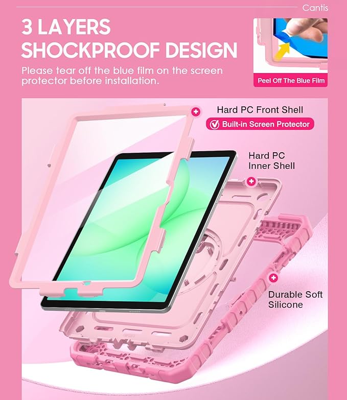 Cantis Case for Samsung Galaxy Tab A11 Plus 11 Inch 2026 (SM-X230/X236/X238) Shockproof Case for Tab A11+ with Screen Protector/Rotating Stand/Pen Holder/Shoulder Strap Pink+LP+Pink