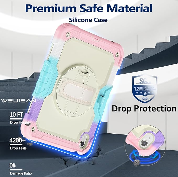 Weuiean Case for iPad A16 11th/10th Generation 11/10.9 Military-Grade Heavy-Duty Shockproof Cover with 360° Rotating Stand Built-in Pencil Holder &amp Adjustable Hand/Shoulder Strap - Colorful Pi