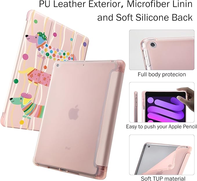 Idocolors Case for iPad 11 inch (A16 Chip) 2025 Generation 11th / iPad 10.9 inch 2022 10th Gen Built-in Pencil Holder with Soft TPU Shockproof Back Shell Auto Wake/Sleep Dachshund-Pink