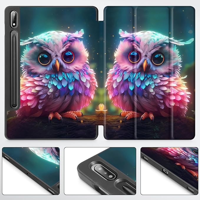 Tuiklol Case for Samsung Galaxy Tab S9 FE (5G) 10.9 inch &amp Tab S9 11 Inch 2023 Release Built-on S-Pen Holder Slim Hard Shell Case Smart Trifold Stand Cover Auto Wake/SleepRainbow owl