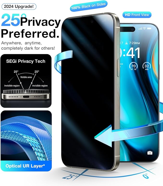 UltraGlass Top 9H+ Glass for iPhone 16 Plus Privacy Screen Protector 2024 [No.1 Military Grade Shatterproof &amp 100% Anti Spy] Privacy Screen Tempered Glass [Longest Durable] 2 Pack