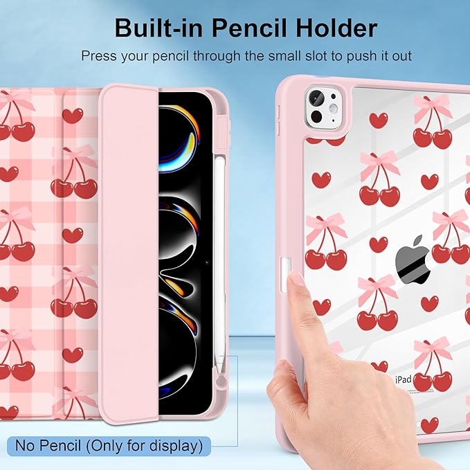 MecBevia Case for iPad Pro 11 inch M5 2025 / M4 2024 (6th/5th Gen) A3357 A3358 A3359 A2836 A2837 A3006 – Built-in Pencil Holder &amp Auto Wake/Sleep Pink Cherry Check
