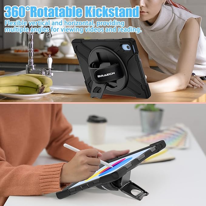 BRAECNstock for Apple iPad (A16) 11th/10th Generation Case 11/10.9 2025/2022 Shockproof Protective Case with Screen Protector Pencil Holder 360° Rotating Stand &amp Hand Strap Shoulder Strap B