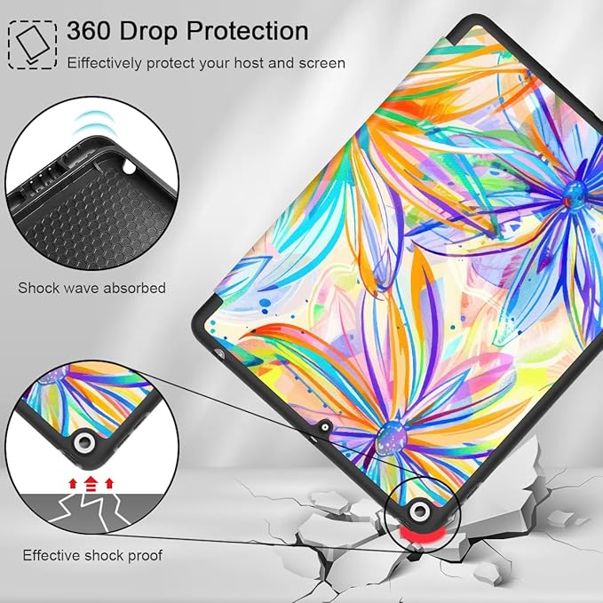 Mektron Designed Printed iPad 10.2 Case 9th Gen (2021)/ 8th Gen (2020)/ 7th Gen (2019) with Pencil Holder Slim Protective Case with Soft TPU Back for iPad 10.2 Inch Watercolor FlowerC328