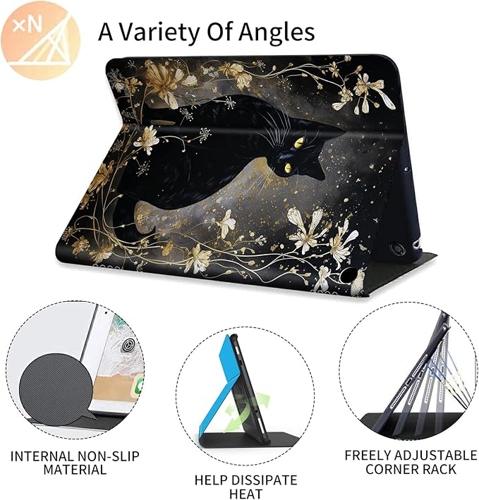 FUYOCWE for Fire HD 10 Tablet Case (13th Generation2023 Release10.1) PU Leather Multi-Angle Folding Stand Smart Flip Cover for Amazon Kindle Fire HD 10 13th Gen-Black Cat with Gold Floral
