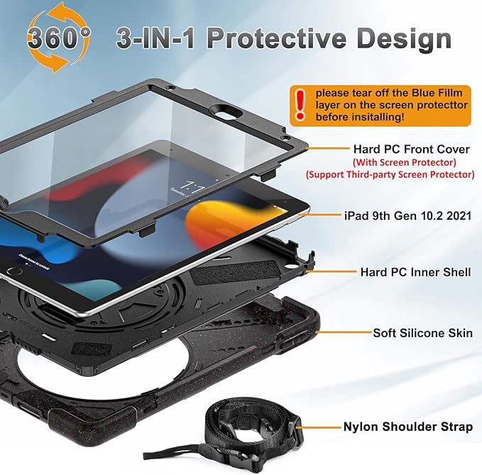 BRAECNstock Case for Apple iPad 9th/ 8th/ 7th Generation 10.2 inch 2021/2020/2019 Shockproof Protective Kids Case with Screen Protector Pen Holder Rotating Stand+Hand Strap Carnival Night Black