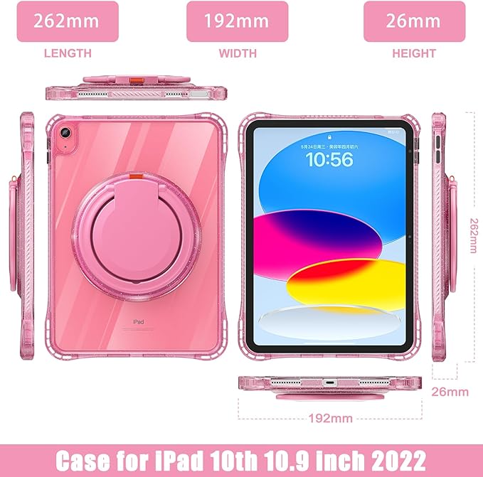 May Chen for iPad (A16) 11th/10th Generation Case 11 inch 2025/10.9'' 2022 Handle Protective Cover 360 Rotating Ring Stand Shockproof Dropproof Case for Kids Kickstand Glittering Sparkly Pink