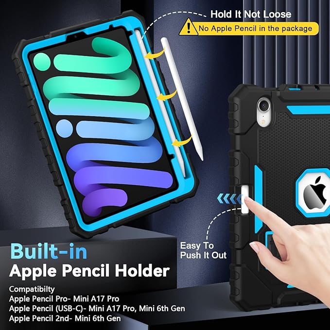 Grifobes Case for iPad mini 7 (A17 Pro) 2024 / Mini 6 2021 8.3 inch Heavy Duty Shockproof Rugged Cover with Pencil Holder Stand for I Pad Mini 7th/6th Gen 8.3 Case (Black+Blue)