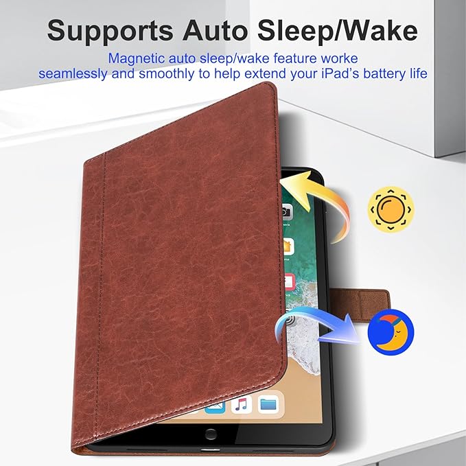 Genuine Leather Case for iPad 9th/8th/7th Generation 10.2 Inch (2021/2020/2019) Premium Folio Cover with Auto Wake/Sleep &amp Adjustable Stand Wear-Resistant Protective Case - Vintage Red Brown