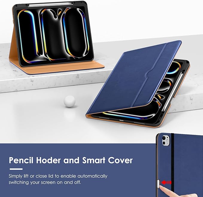VIKESI Case for iPad Pro 13-inch M5 or M4 Released in 2025 or 2024 Leather Stand Cover with Apple Pencil Holder Auto Wake/Sleep Multiple Viewing Angles Built in Hand Strap &amp PocketNavy Blue