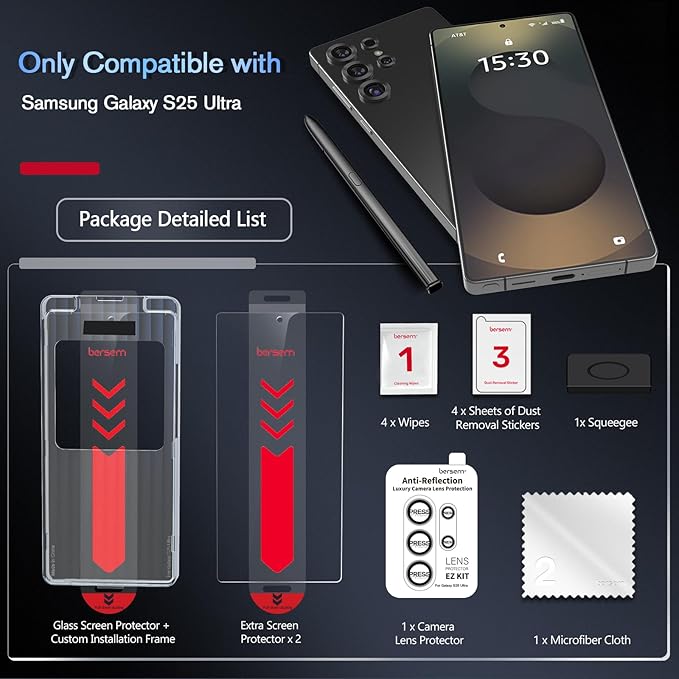 bersem 3 Pack for Samsung Galaxy S25 Ultra Screen Protector + 1 Pack Camera Lens Protector 9H+ Tempered Glass Film with Customized Installation Tray Military Grade Shatterproof HD Clear