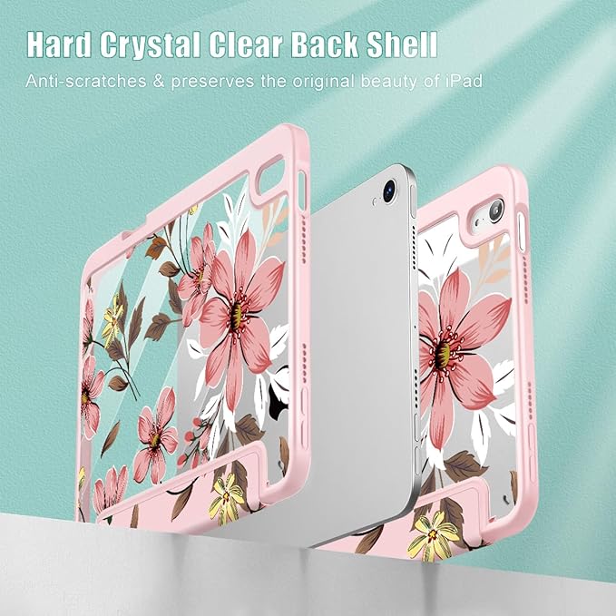 Mektron Printed Case for iPad mini 7 (A17 Pro) 2024/ Mini 6 2021 iPad mini 7th/6th Generation 8.3-inch Liquid Retina Display Cover Buit in Pencil Holder with Clear Back Shell Floral C293