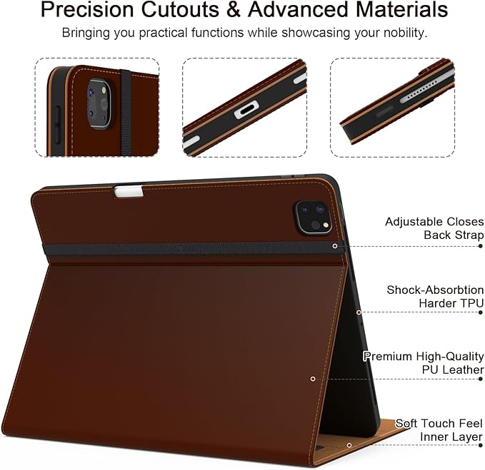Case for iPad Pro 12.9 6th/5th/4th/3rd Generation 2022/2021/2020/2018 PU Leather 12.9 Cover with Pencil Holder/Multi-Angle Stand/Pocket Folio Auto Wake/Sleep Brown