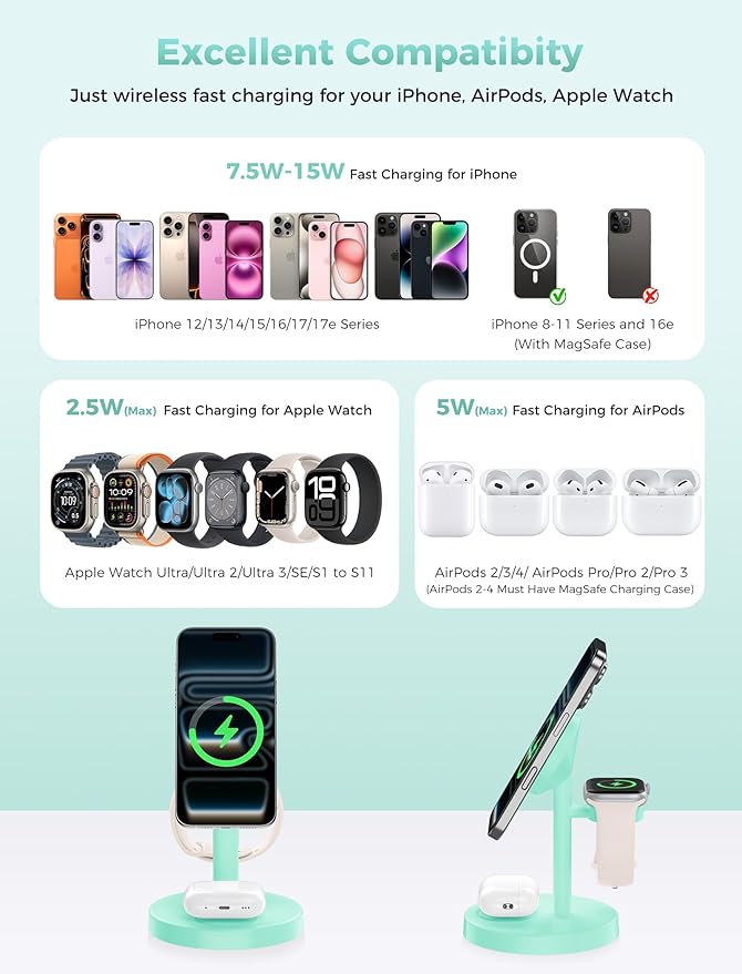 2026 3 in 1 Wireless Charging Station Compatible with MagSafe 15W Fast Magnetic Mag-Safe Charger Stand for Apple iPhone 17 16 15 14 13 12 iWatch AirPods Pro 4 3 2 LightGreen
