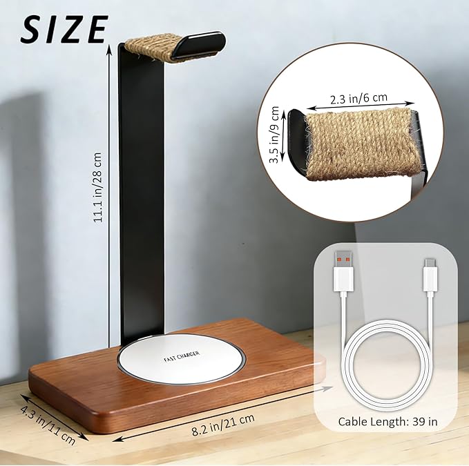Handmade Wood Headset Stand with Fast Wireless Charging Pad- QI Wireless Charging Dock Compatible with iPhone 17/16/15/14 /Samsung Series2-in-1 Universal Holder for All Table Headphones