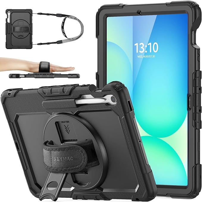 SEYMAC stock Case for Samsung Galaxy Tab S10 FE+ Plus 5G Tablet Case 13.1'' Protective with Screen Protector Pen Holder 360 Rotate Stand Hand Strap Shoulder Strap Black1