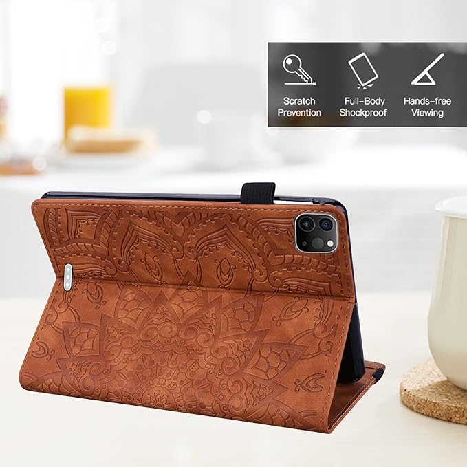 Folio Case for iPad Pro 11 M4 M5 (2024-2025) Techcircle Anti-Slip Stand Mandala Embossed PU Leather Soft TPU Back Protective Cover with Elastic Strap Card Slots &amp Pencil Holder Brown