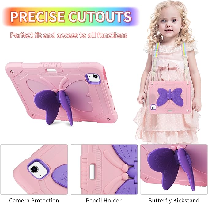 WESADN for iPad Air 5th/4th Generation Case for iPad Pro 11 Inch Case 4th/3rd/2nd/1st with Kickstand Butterfly Wings Strap Pencil Holder Kids Girls Cases i-Pad Air 5th 10.9 Pink Purple