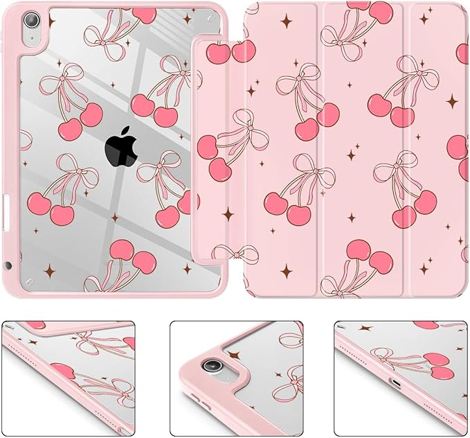 May Chen for iPad (A16) 11th Generation Case 11 Inch 2025 iPad 10th Gen Case 2022 10.9 inch Built-in Pencil Holder with Shockproof Cover Clear Back Shell Auto Wake/Sleep Pink Cherry Bow