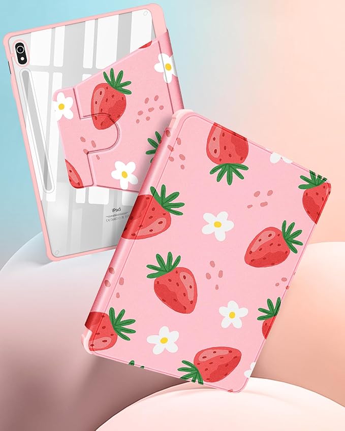 for Samsung Galaxy Tab S10 Fe Case - Tab S9 Fe/S9 Case with Pencil Holder Women Girls Cute Girly Pretty Strawberry Flowers Unique Aesthetic Design Teens Rotating Tablet Cases Cover