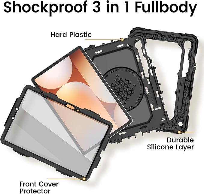 HXCASEAC Case for Galaxy Tab S10 lite / S10 FE / S9 FE 10.9 Inch Shockproof | 360° Rotating Stand | S Pen Holder | Screen Protector | Shoulder Strap | Samaung S10 Lite Tablet Case Kids Black