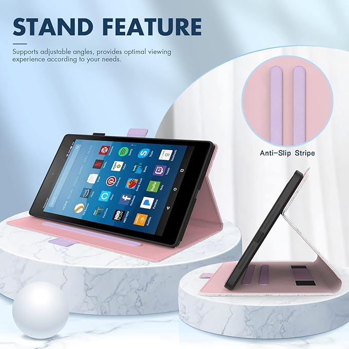 Dteck for Fire HD 8 Tablet Case (8th/7th/6th Generation-2018/2017/2016 Release) 8 Slim Folio Case with Auto Sleep Wake &amp Stand Function Hand Strap Protective PU Leather Cute Cover Pink Blosso
