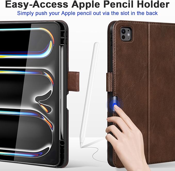 Genuine Leather Case for iPad Pro 13 Inch M5 2025 / M4 2024 Premium Folio Cover with Pencil Holder Auto Wake/Sleep &amp Adjustable Stand - Vintage Dark Brown