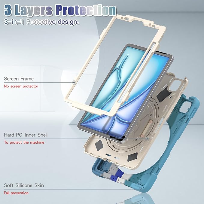Batianda Case for iPad Air 11 inch 2025 M3 2024 M2 Chip Heavy Duty Rugged Durability Silicone Tablet Cover with 360° Rotating Hand Strap Foldable Hidden Stand &amp Shoulder Strap Colorful Blue