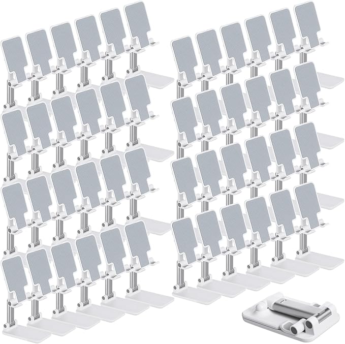 48 Pcs Cell Phone Stand Desk Table Adjustable Angle Height Phone Stand Foldable Portable Mobile Holder Silicone Pad Smartphone Tablet Holder Bulk for Office Travel Filming (White)