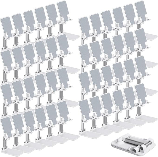 48 Pcs Cell Phone Stand Desk Table Adjustable Angle Height Phone Stand Foldable Portable Mobile Holder Silicone Pad Smartphone Tablet Holder Bulk for Office Travel Filming (White)