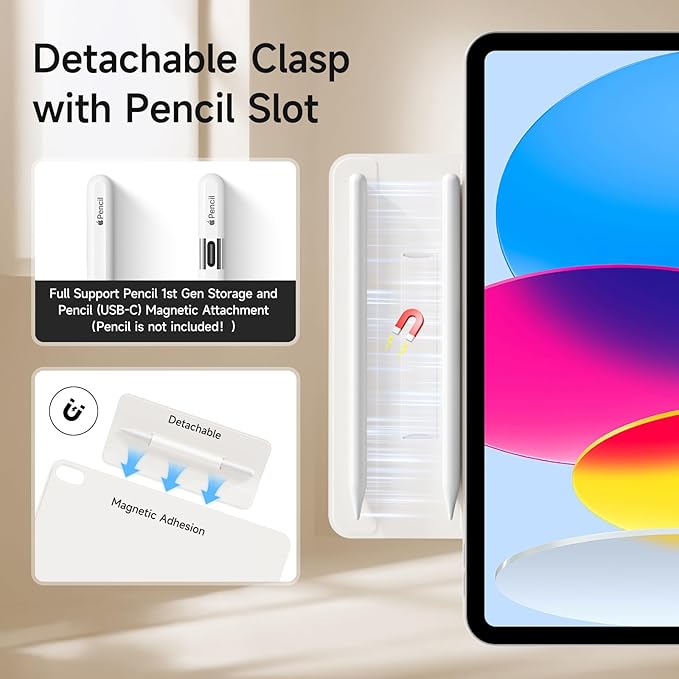 kenke Magnetic Case for iPad 11 Inch A16 2025/10th Generation 10.9 Inch 2022 with Detachable Clasp Slim Strong Magnetic Multi-fold Stand Cover with Pencil Holder Auto Wake/Sleep Cream White