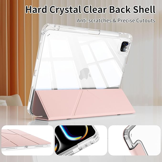 kenke Case for iPad Air 13 Inch (M3 2025/M2 2024) iPad Pro 12.9 Inch 6th/5th Generation (2022/2021) with Pencil Holder Y Folding Stand Cover with Hard Clear PC Back Support Touch ID Light Pink
