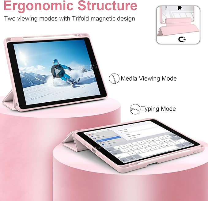 DONGKE for iPad 9th/8th/7th Generation Case 10.2 Inch (2021/2020/2019) [Auto Sleep/Wake &amp Pencil Holder] Clear Acrylic Back Trifold Stand Cover Gingham Bows