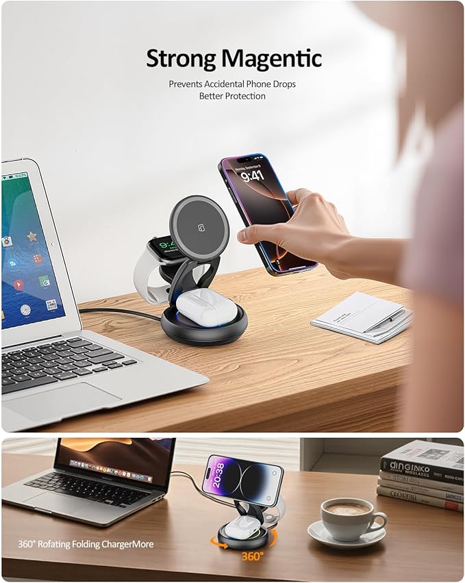 Wireless Cell Phone Charger Station 3 in 1 Magnetic Wireless Fast Charger Dock Stand for iPhone 16/15/14/13/12 Apple Watch and AirPods Pro 15W USB-C iPhone Wireless Charger Gray（20W Adapter）