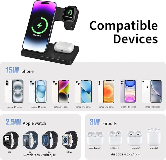 Wireless Charger 3 in 1 Fast Desk Charging Station for iPhone 16 15 14 13 12 Charging Stand Dock for Apple Watch &amp AirPods