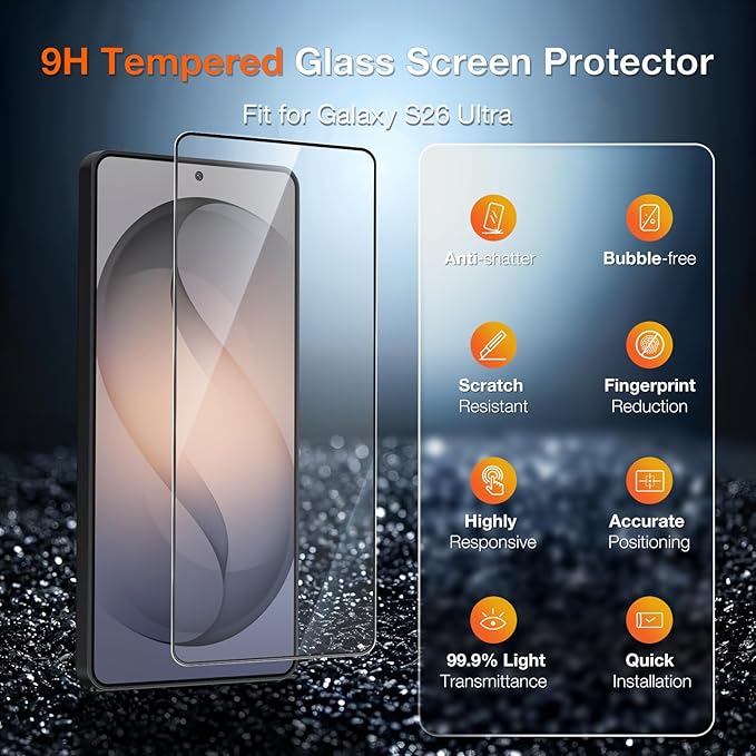 2 Pack HD Screen Protector for Samsung Galaxy S26 Ultra [6.9 Inch] High Definition Clarity 9H+ Tempered Glass Shatterproof Anti-Scratch Protective Film with Auto-Alignment Installation Frame