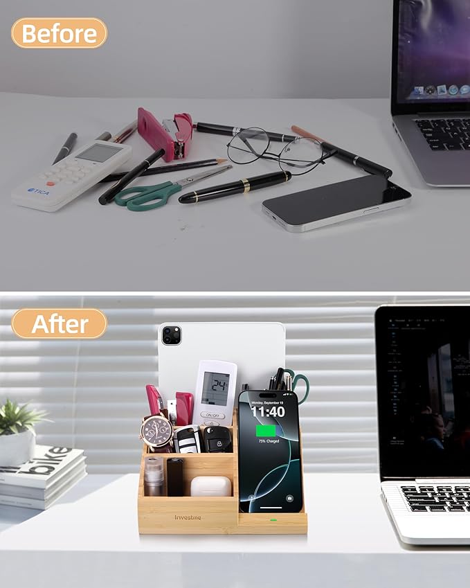Bamboo Pen Holder with Wireless Charger Desk Organizer with 5 Compartments for Home Office Supplies Compatible with iPhone &amp Samsung Series