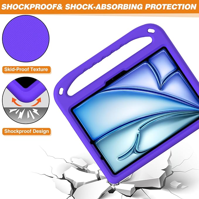 Kids Case for Apple iPad Air 11 inch M4/M3/M2 (2026/2025/2024) with Pencil Stylus Holder/Handle/Kickstand Slim Lightweight Cute Soft Shockproof EVA Folio Stand Protective Tablet Cover Purple