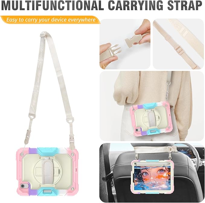 HXCASEAC Kids Case for iPad mini 7 (A17 Pro) iPad mini 6 Case Cute 8.3 inch Full Body Protective with Carrying Strap Hand Strap Stand Protector Pencil Holder A2995 A2993 A2567 A2568 Rainbow Pink