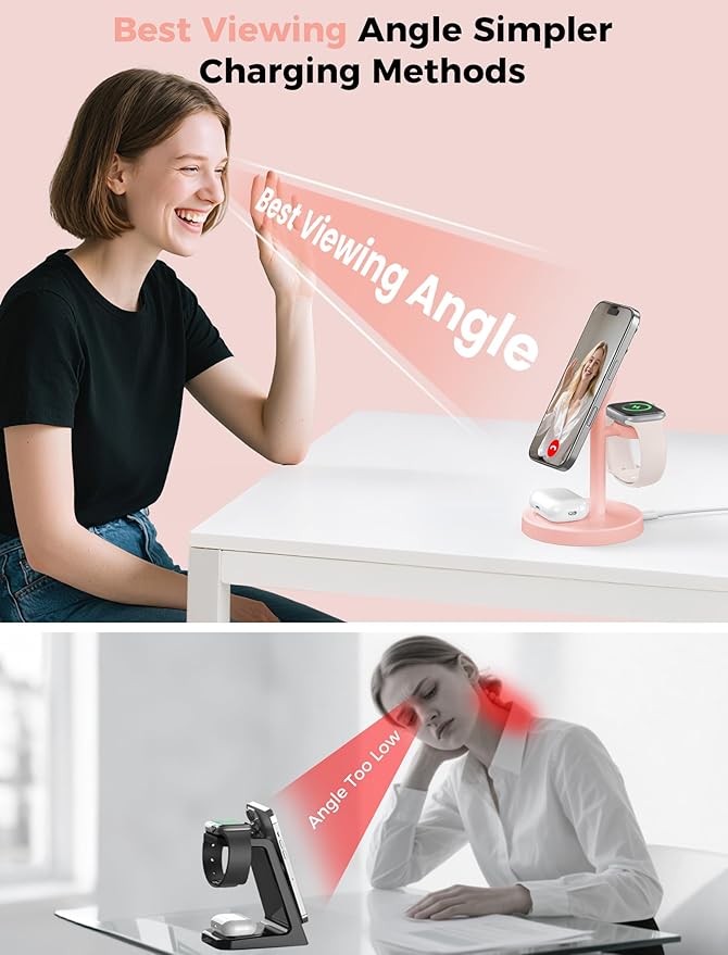 2026 3 in 1 Wireless Charging Station Compatible with MagSafe 15W Fast Magnetic Mag-Safe Charger Stand for Apple iPhone 17 16 15 14 13 12 iWatch AirPods Pro 4 3 2 Pink