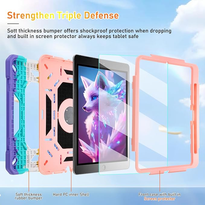 KCJ for iPad Pro 11 Case (M4) 2024with Tempered Glass Screen ProtectorCute Protective Case with Folding Stand/Pencil Holder/Shoulder Strap for iPad Pro 11 2024 (5th Generation) (Rainbow)