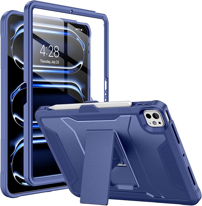 Soke Case for iPad Pro 11 Inch (M5) 2025/ (M4) 2024 with Built-in Screen Protector &amp Kickstand Rugged Full Body Heavy Duty Protective Cover with Pencil Holder - Navy