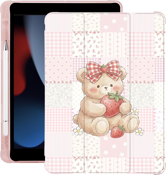 Cute Kawaii Bear Grid for iPad Pro 11 Inch Case 4th/3rd/2nd Generation 2022/2021/2020 with Pencil Holder Auto Sleep/Wake Pink Leather Soft TPU Back Cover