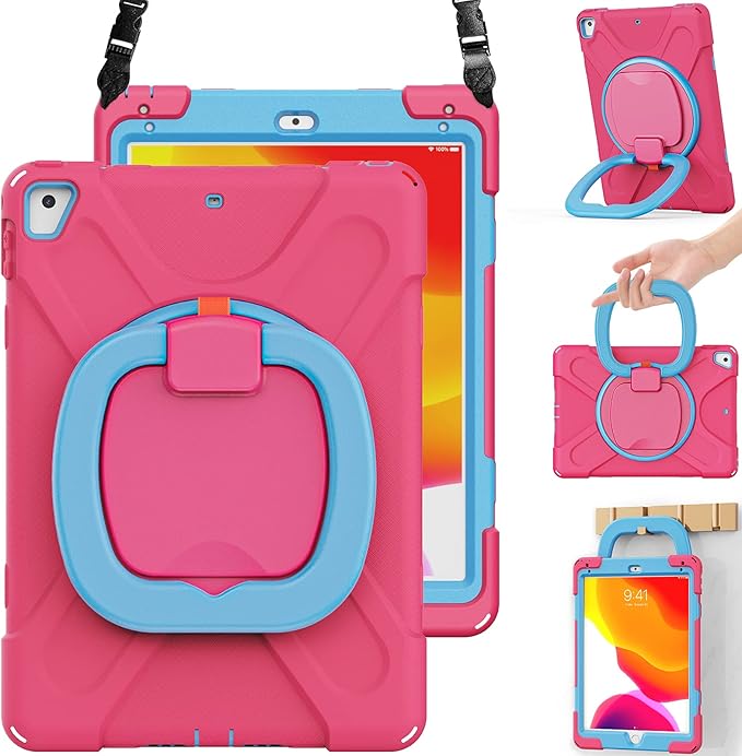 BRAECN Case for iPad 9.7 6th/5th Generation w/Pencil Holder 360 Degree Multi-Function Grip Stable Kickstand Carrying Strap 3-Layer Heavy Duty Silicone Case for iPad Pro 9.7/ iPad Air 2-Rose+Blue