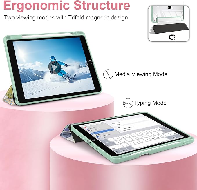 MEEgoodo Case for iPad 10.2 inchTablet Cases for iPad 9th Generation 2021/8th Gen 2020/7th Gen 2019 with Clear Acrylic Back Shell+Pencil Holder+Auto Wake/Sleep+Trifold Stand Funny Kids Dinosaurs